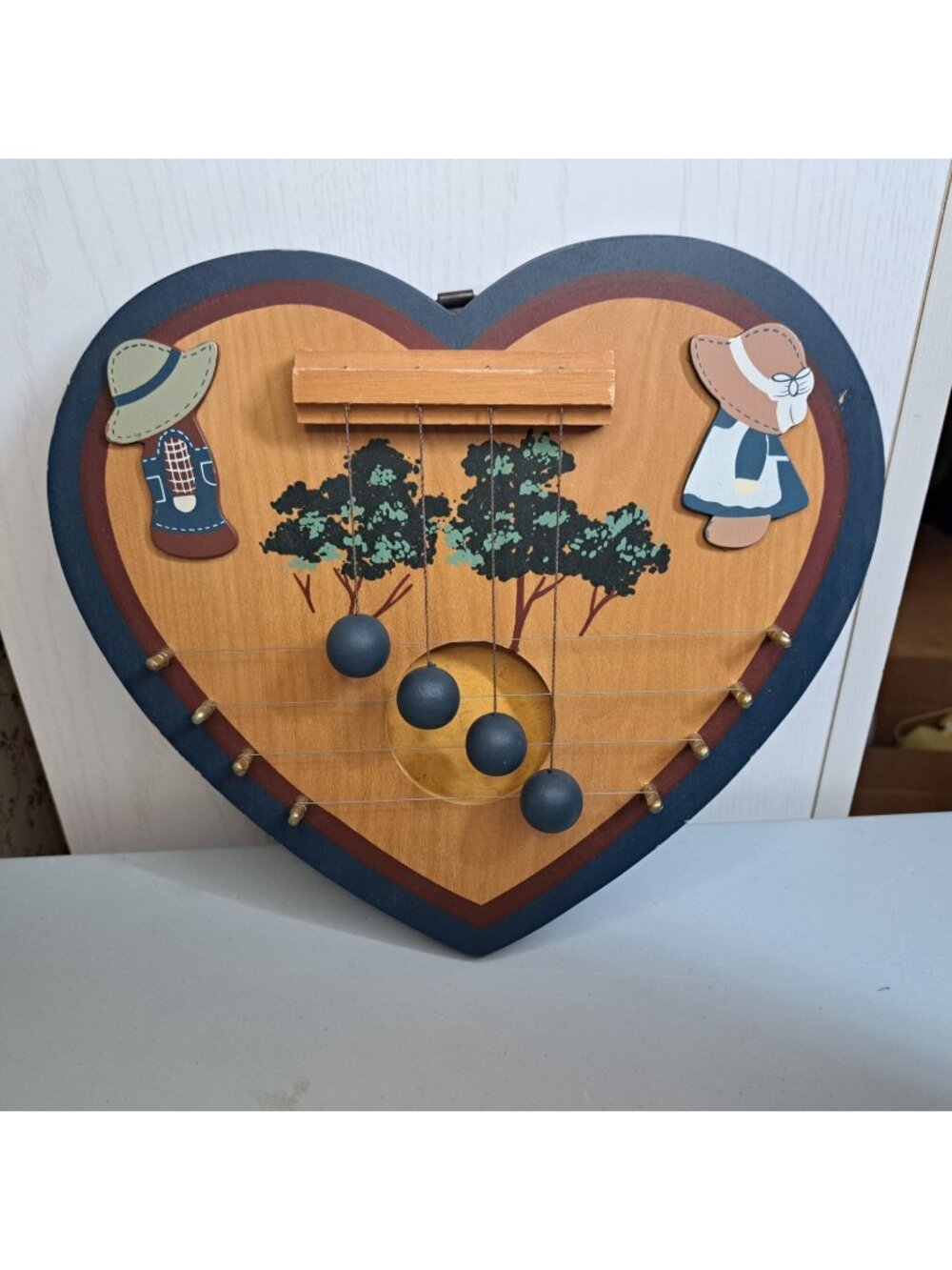 Wooden Heart Shaped Door Chimes Harp Cottagecore Folk Art Decor Painted 80s Vtg